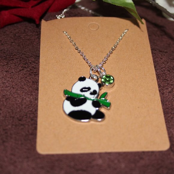 Hungry Panda with Colored Rhinestone Silver Dainty Necklace - Picture 5 of 6